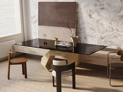 Modern Black Glass Top Dining Table Set With Various Designed Chairs And Textured Wall Art 3d model