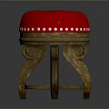 Wooden Stool With Red Padded Seat And White Dot Decoration On The Edge