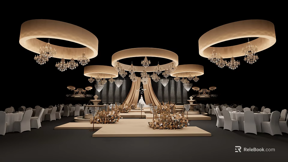 Modern Elegant Banquet Hall with Circular Chandeliers Stage White Chairs Gold Accents and Drapes 3d model 