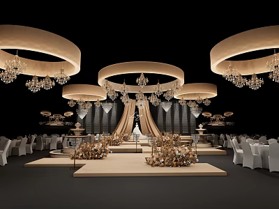 Modern Elegant Banquet Hall with Circular Chandeliers Stage White Chairs Gold Accents and Drapes 3d model