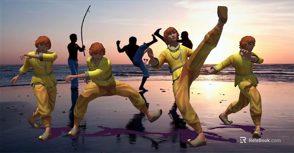 Men In Yellow Clothing Practicing Martial Arts On Seaside Beach During Sunset 3d model 