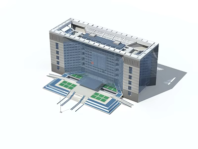 Modern Office Building Exterior With Contemporary Roof Structure And Green Entrance Area 3d model