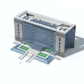 Modern Office Building Exterior With Contemporary Roof Structure And Green Entrance Area