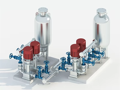 Industrial Equipment System With Stainless Steel Tanks Red Valves And Blue Pipes 3d model