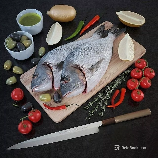 Fresh Fish on Wooden Cutting Board with Olives Lemon Cherry Tomatoes Red Chilies and Rosemary 3d model 