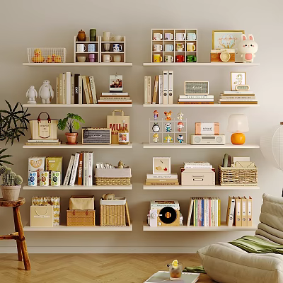 Stylish Multi tiered Bookshelf Interior With Books Storage Baskets Decorations And Potted Plants 3d model