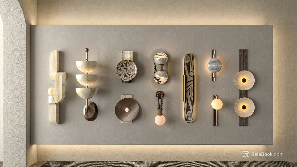 Various Modern Decorative Wall Sconces With Artistic Designs On Gray Wall 3d model
