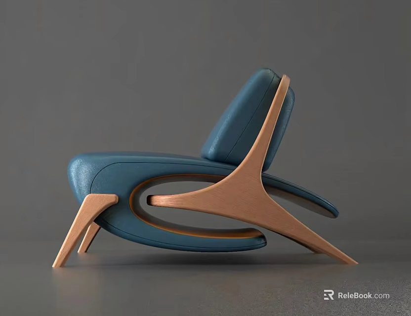 Modern Single Chair With Blue Leather Upholstery And Curved Wooden Frame 3d model 