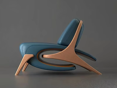 Modern Single Chair With Blue Leather Upholstery And Curved Wooden Frame 3d model