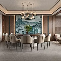 Elegant Private Dining Room With Round Table Beige Chairs Chandelier And Landscape Painting