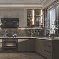 Modern Kitchen Interior With Dark Cabinets Stainless Steel Appliances And Stone Island Countertop