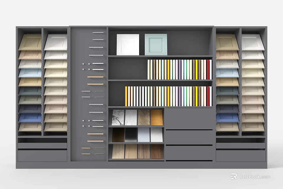 Modern Display Cabinet Shelving with Multiple Layers Drawers and Various Material Samples 3d model