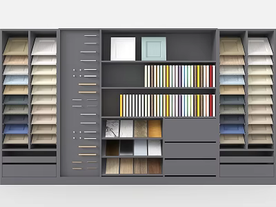 Modern Display Cabinet Shelving with Multiple Layers Drawers and Various Material Samples 3d model
