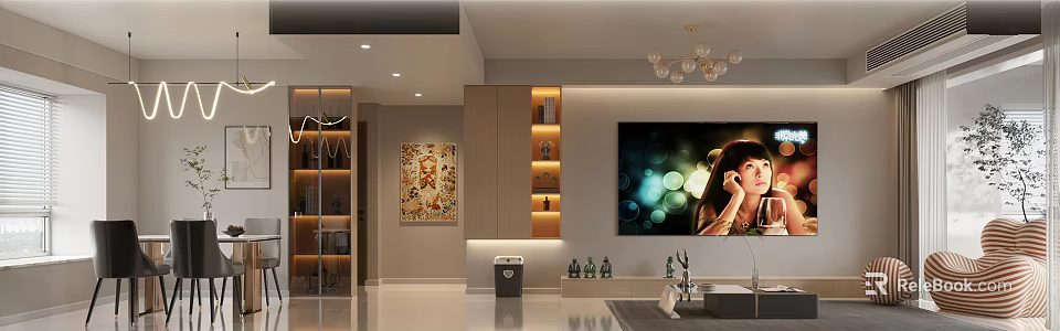 Modern Living Dining Room Interior With Chandelier Decorative Painting And Storage Cabinets 3d model 