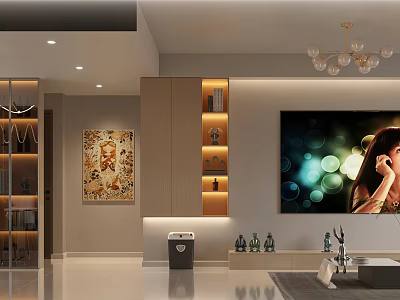 Modern Living Dining Room Interior With Chandelier Decorative Painting And Storage Cabinets 3d model