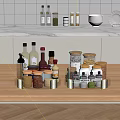 Organized Modern Kitchen Countertop With Rotating Assorted Spice And Condiment Bottles