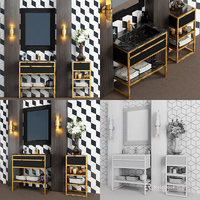 Modern Bathroom Vanity With Black White Geometric Tile Wall Gold Frame Mirror And Shelves 3d model 
