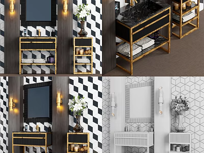 Modern Bathroom Vanity With Black White Geometric Tile Wall Gold Frame Mirror And Shelves 3d model