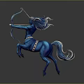 Blue Mythical Centaur Statue in Rearing Stance Holding Bow with Ornate Details