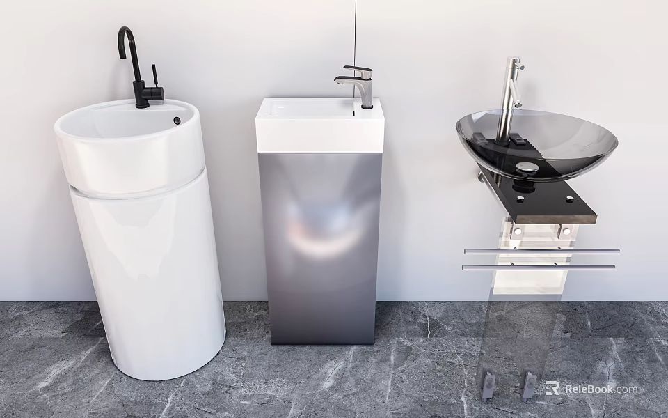 Modern Bathroom Washbasins Including White Pedestal Gray Cabinet And Glass Vessel With Faucets 3d model 