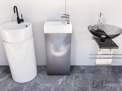 Modern Bathroom Washbasins Including White Pedestal Gray Cabinet And Glass Vessel With Faucets 3d model