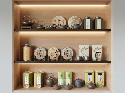 Elegant Tea Set Display with Wooden Shelf Tea Canisters Cakes Cups and Boxes 3d model