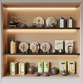Elegant Tea Set Display with Wooden Shelf Tea Canisters Cakes Cups and Boxes