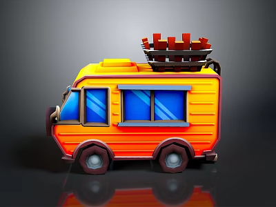 Vibrant Yellow Mobile Food Truck Featuring Blue Windows And Food Tray On Roof 3d model