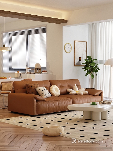 Brown Leather Sofa and White Coffee Table Set with Pillows Potted Plant Floor Lamp 3d model 