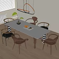 White Rectangular Dining Table Set With Modern Brown Gray Chairs And Potted Plant 3d model