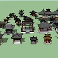 Traditional Chinese Architectural Models With Curved Roofs And Various Pavilion Designs