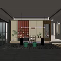 Modern Tea Room Interior Design With Wooden Shelves Tea Sets Green Plants And Tables