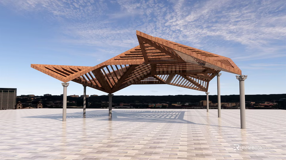 Outdoor Modern Wooden Pergola With Geometric Open Roof Supported By Columns On Paved Floor 3d model 