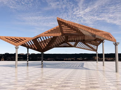Outdoor Modern Wooden Pergola With Geometric Open Roof Supported By Columns On Paved Floor 3d model