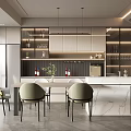 Modern Open Kitchen Interior Design With Marble Island Counter Cabinets And Dining Chairs