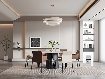 Modern Restaurant Interior With Dining Table Chairs Pendant Light Green Plant Wall Art And Bookshelf 3d model