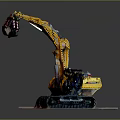 Detailed Yellow Excavator Model On Wooden Base With Tracks And Mechanical Arm