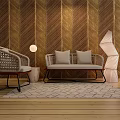 Modern Woven Sofa Set With Armchair Floor Lamp And Geometric Pattern Rug