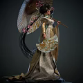 Oriental Female Figures in Traditional Costume with Decorative Umbrellas and Elaborate Hair Details