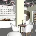 Modern Bubble Tea Shop Interior With White Chairs Round Tables Bread Display And Pink Lights