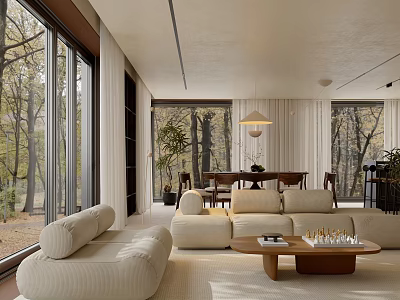 Modern Living Room Interior With Beige Sofa Wooden Coffee Table Large Windows And Trees Outside 3d model