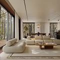 Modern Living Room Interior With Beige Sofa Wooden Coffee Table Large Windows And Trees Outside