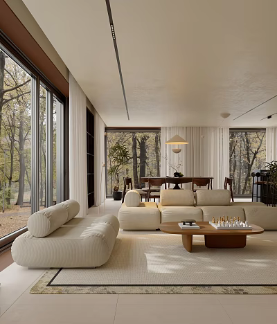 Modern Living Room Interior With Beige Sofa Wooden Coffee Table Large Windows And Trees Outside 3d model