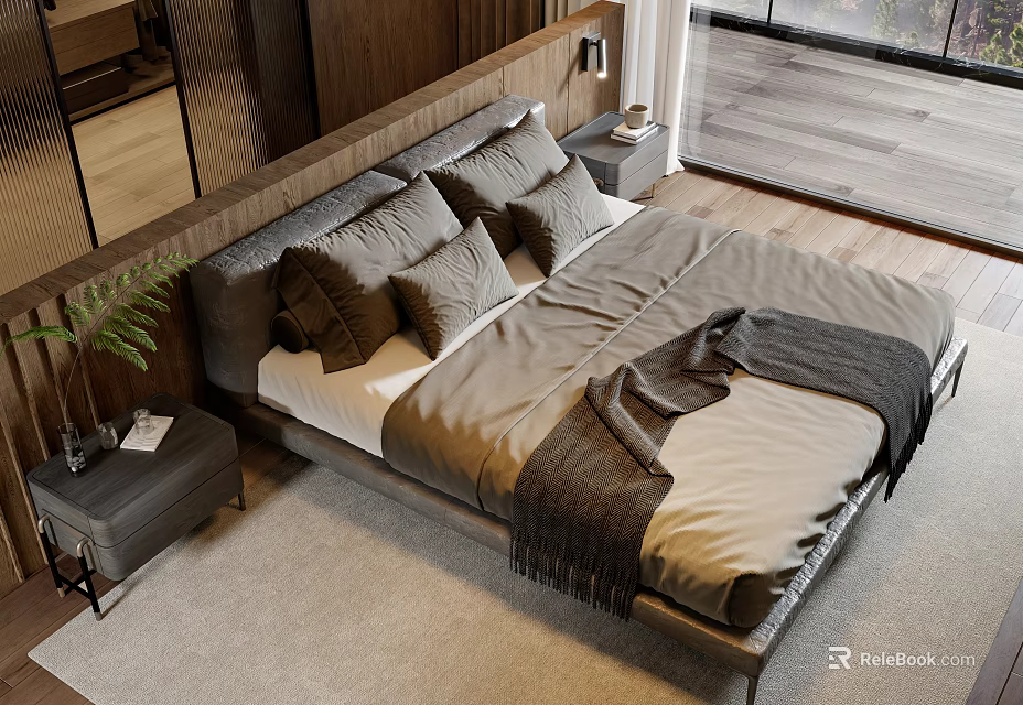 Modern Double Bed With Soft Gray Bedding Wooden Headboard And Bedside Tables Design 3d model 