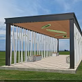 Modern Pergola Design With Wooden Roof White Columns And Green Leaf Decorations In Grass Field