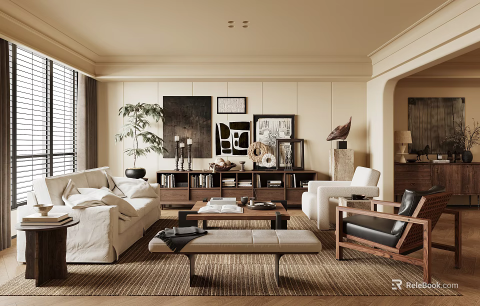 Tranquil Living Room Interior With White Sofa Black Armchair Wooden Coffee Table And Wall Art 3d model 