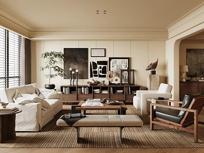 Tranquil Living Room Interior With White Sofa Black Armchair Wooden Coffee Table And Wall Art 3d model