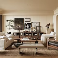 Tranquil Living Room Interior With White Sofa Black Armchair Wooden Coffee Table And Wall Art