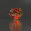 Red And Gold Traditional Mask With Floral Decorations Phoenix Pattern Intricate Carvings