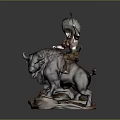Game Movie Character With Feathered Headdress Riding Buffalo Holding Axe On Rock Base